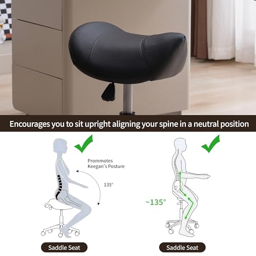 Image of FIRAVOE Saddle Stool, Swivel Saddle Stools with Wheels, Adjustable Rolling Stool 18 inch-26 inch, Faux Leather Rolling Saddle Stool for Salon, Massage, Clinic, Lab, Office (Black, 1PCS (18 inch-26 inch))