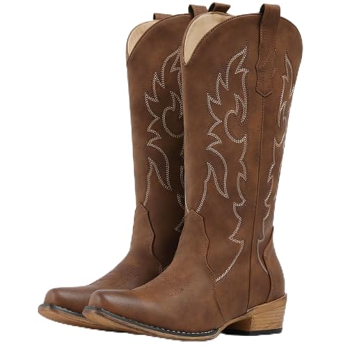 Image of IUV Cowboy Boots for Women Mid Calf Fashion Cowgirl Boots with Embroidery Western Snip Toe