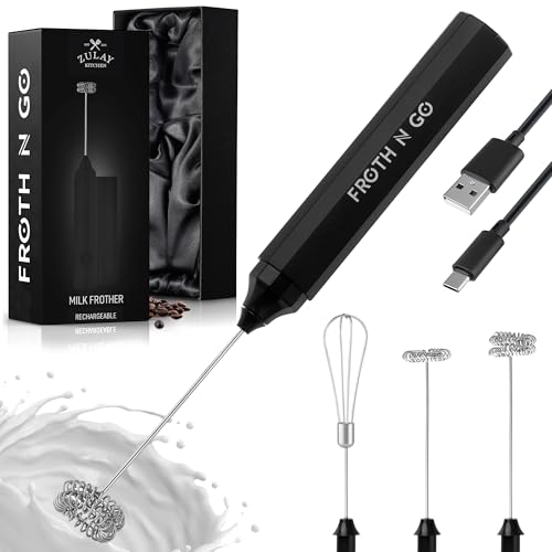 Zulay Froth N Go Milk Frother Rechargeable - 3-in-1 Frother Wand with Case & USB-C Charger - Comes...