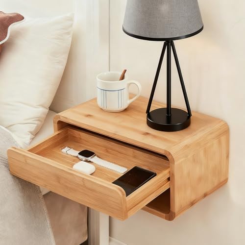 Peakora Bamboo Floating Nightstand with Storage Drawer Wall Mounted Bedside