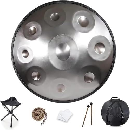 Tambur Handpan 22 Cale Profesjonalny Stal Nierdzewna，9/10/12 Nut D Moll，Strojenie 440Hz，Torba Stół & Palce，Występ Medytacja Joga(Silver,10)