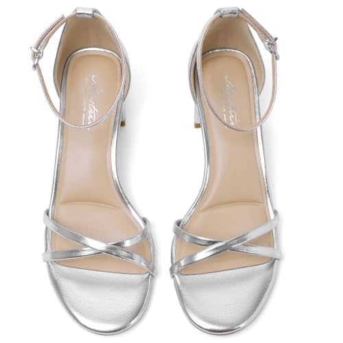 Image of Mostrin Chunky Heels for Women Round Open Toe Strappy Heeled Sandals Ankle Strap Dressy Block Low Heels for Party Wedding Prom Daily