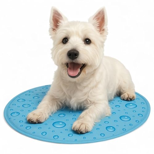 MIJOMA Kühlmatte für Hunde & Katzen – selbstkühlendes Gel-Kühlpad – Haustier Kühldecke, ungiftig, faltbar, ohne Strom, Sommer Matte für Kleintiere (Ø 45 cm Wassertropfen)