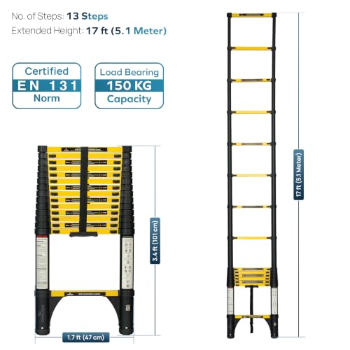 Image of Corvids 5.1m (17 ft) Folding Carbon Steel Telescopic Ladder, 2-Year Warranty, 13-Step Heavy Duty Extension Ladder, Q195 Rustproof Alloy Steel, Portable & Collapsible Ladder for Home & Outdoor use
