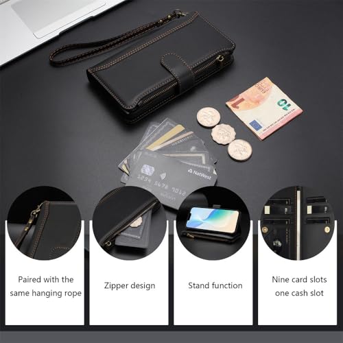 FANFO Hülle für Xiaomi 15T [Mehrere Kartenfächer], Umhängetasche Überschlag Geldbörse Handyhülle, Multifunktional Schutzhülle mit Schulterriemen. Black