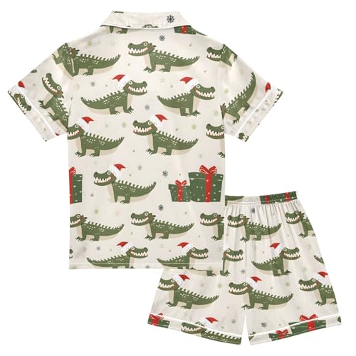 ALAZA Crocodile Hat Christmas Satin Pajamas Set Short Sleeve Button Down Sleepwear Summer Pjs 2 Piece2