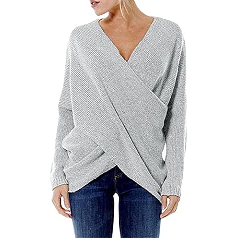 SALEBLOUSE Womens Long Sleeve Knit Blouse Tunic Top Criss Cross Wrap V-Neck Sweater Shirts Pullover Ladies Solid Color Classic Sexy Sweatshirt Knitwear Plus Size Fleece Warm Comfort Coat Outwear Gray Cover