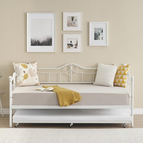 IDEALHOUSE Modern Twin Daybed with Trundle and Backrest, White Metal Sofa Bed Frame with Steel Slat Support and Art Sweet Heart Design, for Living Room, Bedroom and Guest Room