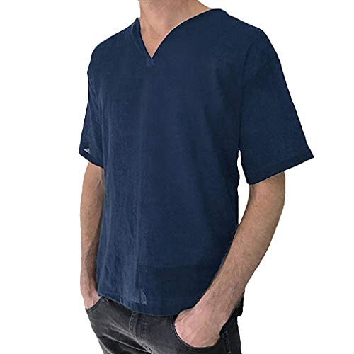 Misaky T Shirts for Men Plus Size Tops Casual Breathable Solid Color Cotton Hemp Short Sleeve V-Neck Blouse Tee(Navy, XXXL)