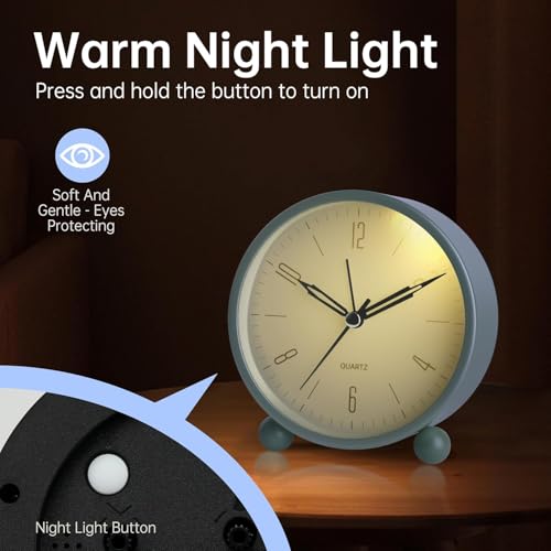 Image of Analog Alarm Clock, 4 inch Super Silent Non Ticking Small Clock with Night Light, Battery Operated, Simple Design, Old fashioned Style SkyBlue decor, for Bedroom, Bedside, Desk, Adult, Gift, Blue