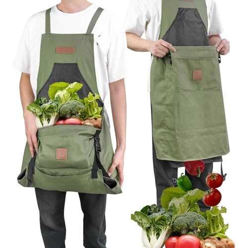 Berry&Bird Harvest Apron Canvas Gardening Apron with Pockets and Harvesting Pouch Waterproof Harvesting Apron (Green)