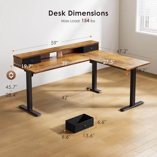 Image of Casaottima 59 Inch Electric L-Shaped Standing Desk with Drawers, Height Adjustable Stand Up Corner Desk with Monitor Stand, Lift Table for Home, Office, Workstation, Rustic Brown