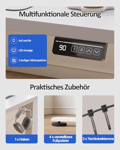 Bild 4 - Devoko Höhenverstellbarer Schreibtisch, Elektrischer Schreibtisch Höhenverstellbar Tisch, Steh-Sitz Bürotisch, Computertisch mit Memory-Funktion, Stehpult, Standing Desk, Bürotisch,120 x 60 cm,Weiß