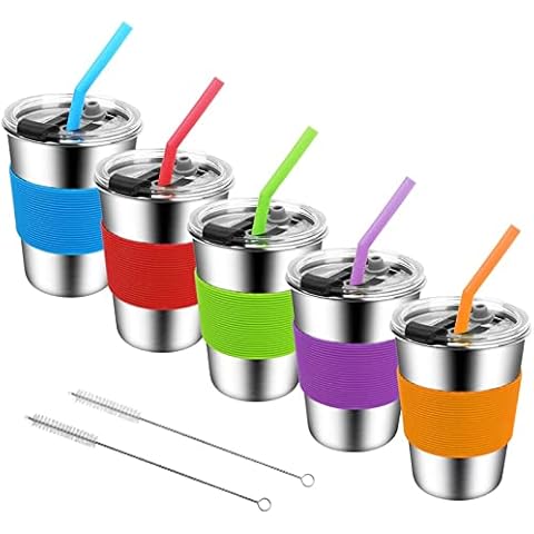 Vermida Kids Cups with Straws and Lids,12oz Spill Proof Toddlers Straws Tumbler with Lids,Stainless Steel Sippy Cups with Lids for School,Outdoor Cover