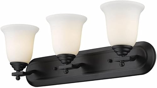 Z-Lite 703-3V-MB Lagoon - Lámpara de tocador de tres luces, marco de acero, acabado negro mate y sombra de ópalo mate de material de vidrio