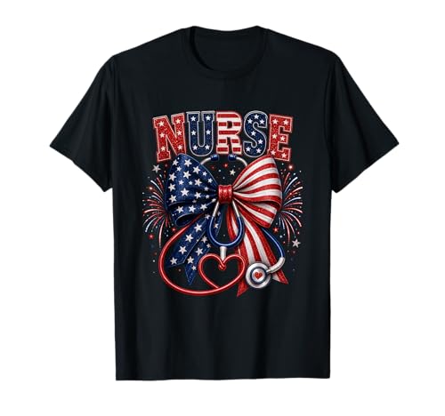 Patriotic Nurse Coquette Bow 4th of July USA Flag Medical T-Shirt