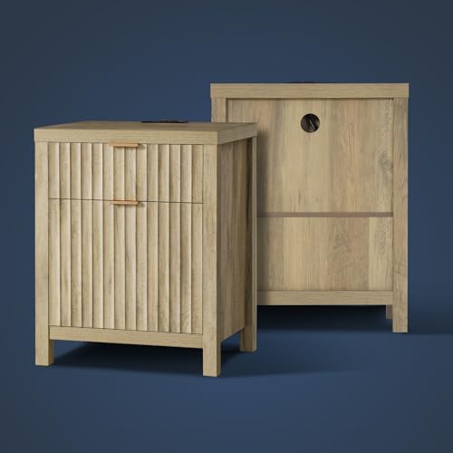 OAKHAM HOME Oxford 2 Drawer Nightstand, End Table with Charging Station, Night Stand with Fluted Panel, Farmhouse Sofa Bed Side Table for Bedroom, Living Room (Sunwashed Ash Oak)