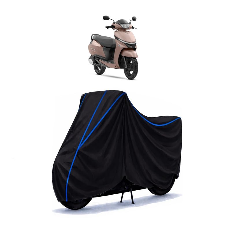 Image of Scooty Cover Water Resistant for Jupiter Drum | Universal Scooter & Bike Cover | Heavy Duty UV Dust, Rain & Scratch Protection | Elastic Fit All Weather Indoor Outdoor | Black with Blue Piping