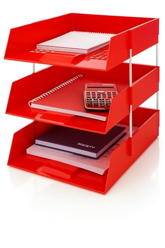 OS Smart Choice A4 Letter Trays, 3-Tier Stackable Document Organiser, Plastic Desktop Filing System, Black/Red/Blue (Red)