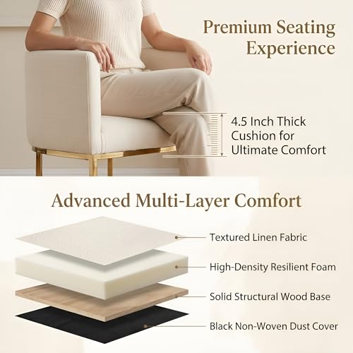 Image of HNY Modern Cream Counter Height Barrel Linen Fabric Upholstered Counter Stool, 29 Inch Kitchen Island Stool with Gold Metal Frame