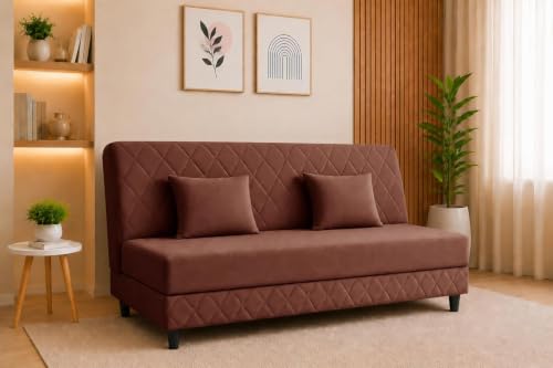 Image of Deco Studio 3 Seater Sofa Bed | Premium Upholstered Velvet Fabric Folding Couch for Living Room, Guest Room & Bedroom | Quilted Backrest with 2 Cushions (Brown)