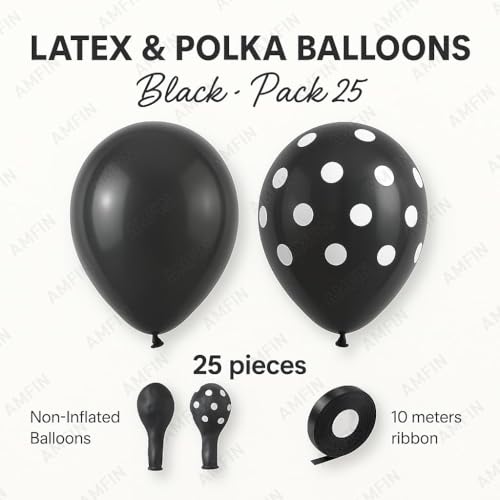 Image of AMFIN (Pack of 25) Polka Dot Black & Solid Latex Black Party Balloons - Birthday Wedding, Baby Shower, Anniversary, Graduation, Halloween, New Year Decorations