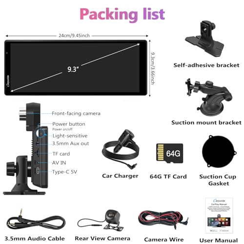 2025 CARPURIDE W903 Portable Carplay & Android Auto with Dash Cam - 9.3" HD IPS Screen, 4K Front &1080P Rear Cam, Loop Recording, Bluetooth, Mirror Link, GPS, Siri, Dashboard Mounted