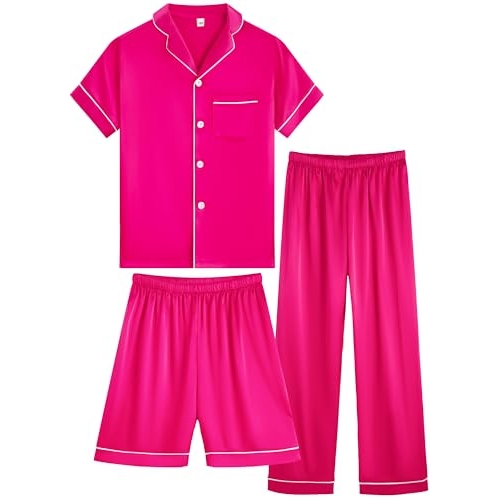 OEIU Girls Boys Silky Satin Pajamas Set 3 Pcs for Kid Children Silk pjs Set Sleepwear Butt...