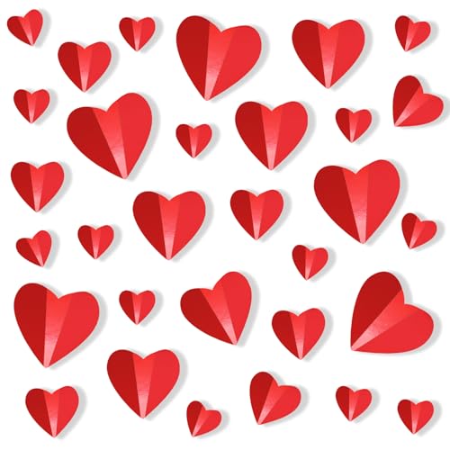Fumwase 60 calcomanías de pared 3D con forma de corazón para el día de San Valentín, 4 tamaños diferentes, decoración de pared de corazón rojo extraíble para boda, aniversario, hogar, fiesta (60,