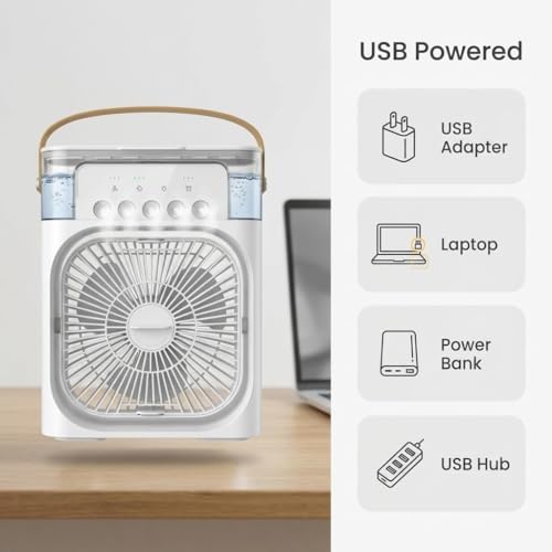 Image of Portable Mini Air Cooler Fan with Water Spray | 7 Color LED Light | 3 Speed Personal Cooling Fan with Timer | USB Compact Table Cooler for Home Office Travel