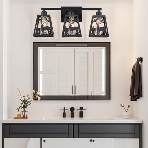 Image of Rustic Bathroom Light Fixtures, 3-Light Farmhouse Vanity Lamp with Deer Design and Openwork Engraved Metal Shade, Wall Lighting for Bathroom, Hallway, Kitchen, Porch
