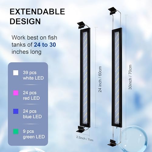 Image of Led Aquarium Light, Full Spectrum Fish Tank Lights, 30 Inch Freshwater Fishtank Hood Lighting for Grow Fish, Plants, Adjustable from 24 to 30in