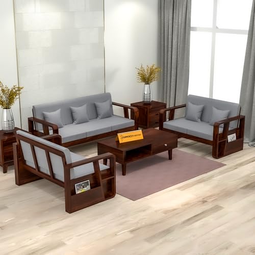 Image of Sheesham Wooden 7 Seater Sofa for Living Room | Solid Wood Sofa with Side Newspaper Holder | Rosewood Sofa Set for Home & Office | Lounge (Walnut Finish, 3+2+2 Seater)