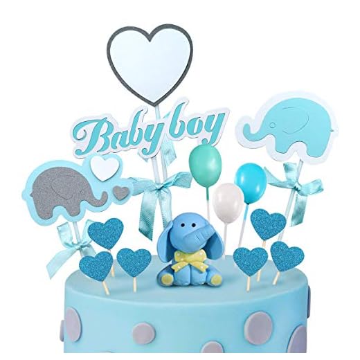 iZoeL Baby shower tårtdekoration elefant tårtdekor, 1 blå elefant, 2 elefanter tårtdekorationer, 1 baby pojke banderoll, 11 skinande hjärtan, 3 ballonger för pojkar barn dusch baby tårta dekoration