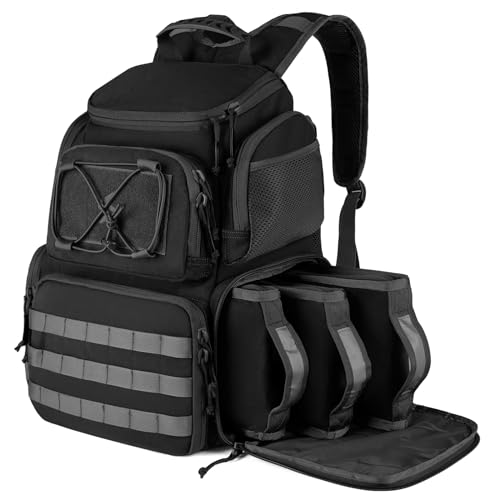 VOTAGOO Tactical Range Backpack for Handguns and Ammo, Gun Cases Bag with 3 Pistol Carrying Cases for Hunting Shooting (Black)
