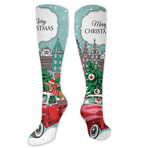 Preisvergleich Produktbild Myhou Kniestrümpfe für Damen, Oberschenkelhoch, lange Socken für Mädchen, Weihnachten, Hunde, Dackel, rot, LKW, Garten, Hof, Flagge, Strümpfe