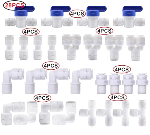 HUAZIZ 28 Stück Kühlschrankschlauch Wasserzulaufleitung Anschluss-Set, RO Water Filter Fitting,für 1/4 Zoll Schlauch, Kühlschrankschlauch,Wasserschlauch (Y + T + I + L Typ + Absperrventil)