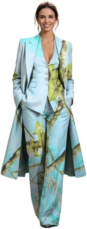 Women's 3 Piece Suit Camo Collection Peak Lapel Blazer V Neck Vest High Waisted Pants for Outdoor Hiking