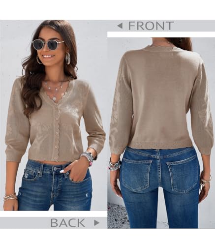 Image of Women Crop Cardigan Sweaters Lightweight 3 /4 Sleeve Button Up Crochet Shrug | Textured Bolero For Dresses Dressy Casual, V Neck, Ladies Eyelet Shawl Thin Trendy