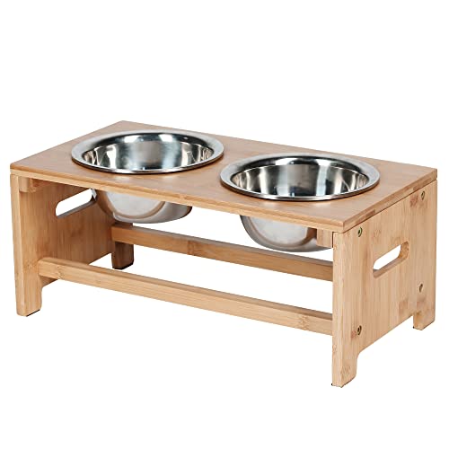 Bamboo Elevated Dog Bowls, Raised Dog Bowl Stand with 2 Stainless Steel Bowls, Pet Feeder for Food and Water, 7" Tall - Image 8