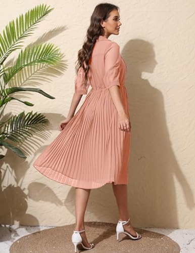 Image of Women V Neck 3 /4 Sleeve Pleated A-Line Dress with Belt Swing Midi Dresses for Spring Summer Autumn