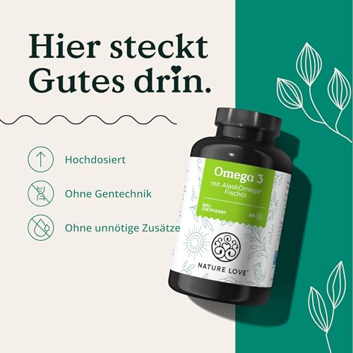 Nature Love Omega 3 - hochdosiert mit 650mg Omega 3 Fettsäuren pro Tagesdosis - 365 kleine Kapseln mit Spitzenrohstoff AlaskOmega® (MSC-zertifiziert) - ohne Zusätze in Deutschland produziert 5