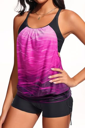 Image of Holipick Blouson Tankini Swimsuits for Women - Two Piece Tummy Control Bathing Suit with Shorts Modest Swimwear