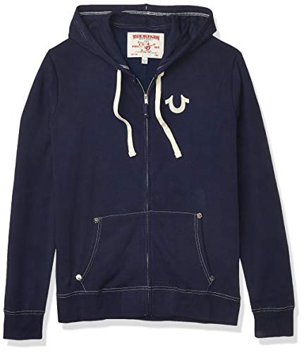 True Religion Men's Classic Logo Long Sleeve Zip Up Hoodie, True Navy, Large