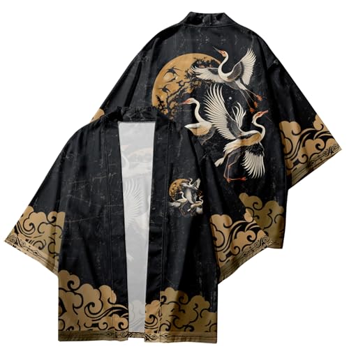Image of DOSLAVIDA Men's Japanese Kimono Cardigan Suit Chinese Style Printed Jacket Pants Set Open Front Seven Sleeve Top & Shorts