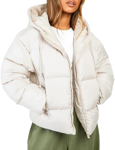Yimoon Women's Cropped Puffer Jacket Long Sleeve Lightweight Hooded Quilted Jacket Winter Warm Outwear with Pockets