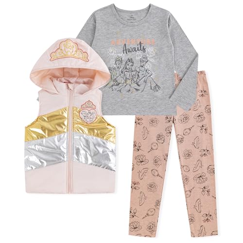 Disney Conjunto de 3 piezas con camisa, chaleco y pantalón de manga larga para niñas y niñas grandes, Rosa/Gris, 3 años