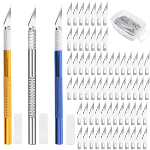 100 Stück Skalpell Set mit 3 Stück Bastelmesser Skalpell, 100 Stück Skalpell Klingen, Hobbymesser mit Schutzkappe,Precision Carving Craft Messer Set zum Schneiden von Fondant Stoff Kohlefolie Basteln