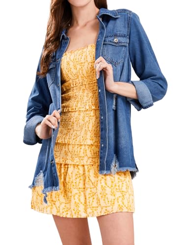 CHARTOU Women's Casual Distressed Long Sleeve Button Down Shirt Ripped Denim Jacket Jean Coat2