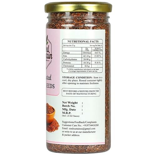 Image of SoulSustain Roasted Flax Seeds (250 GM) | Plant Protein & Fiber Snack | Omega 3 Nutrient Seeds | Gluten Free Vegan Snack for Smoothies, Baking, Salad Topping, Breakfast, Travel, Workout Energy